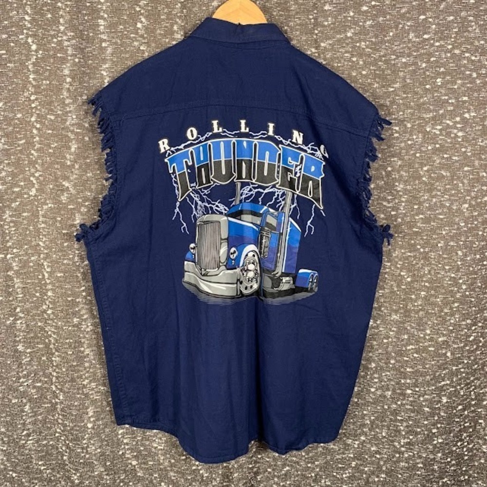 Rolling Thunder Button Up Cutoff Shirt Blue Tank Top Trucker Semi Men's 2XL